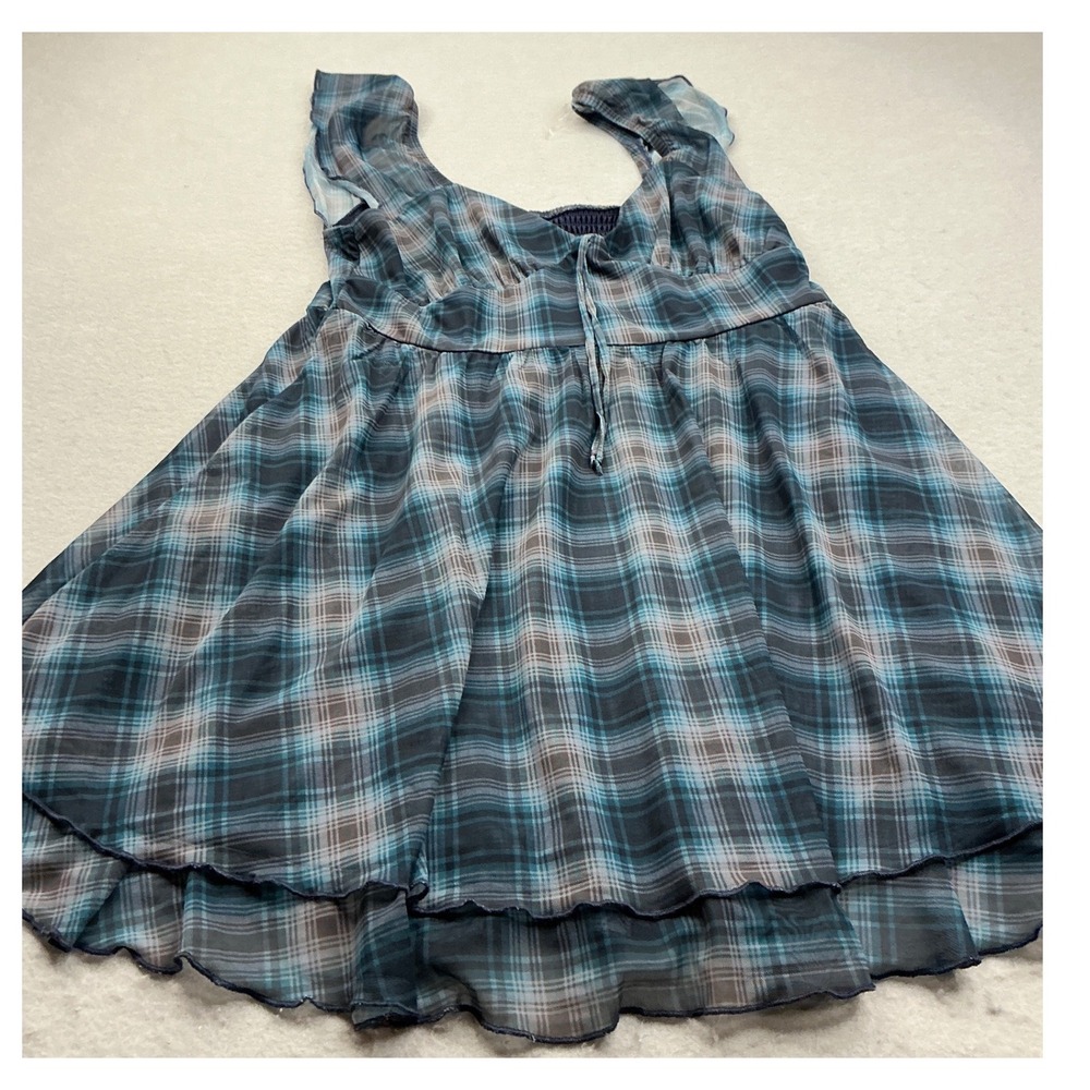 Wild Fable Y2K Plaid Mesh Babydoll Top Smocked Back Blue Large Grunge Fairycore